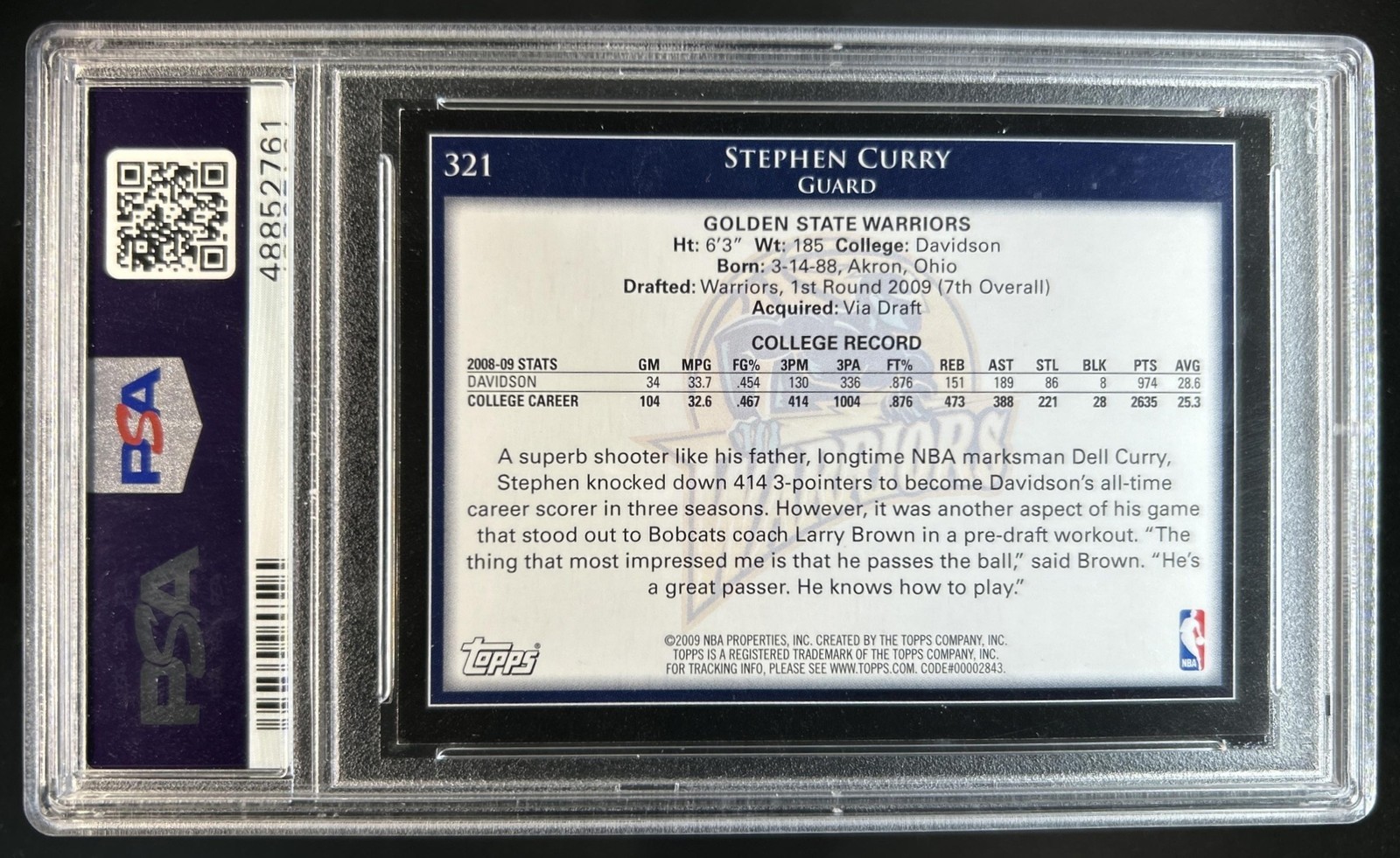 2009-10 Topps Stephen Curry Rookie RC #321 Warriors PSA 9 view 2