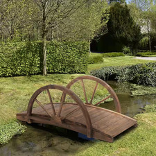 3.3ft Wooden Garden Bridge Arc Stained Finish Walkway with Half Wheeled Railings