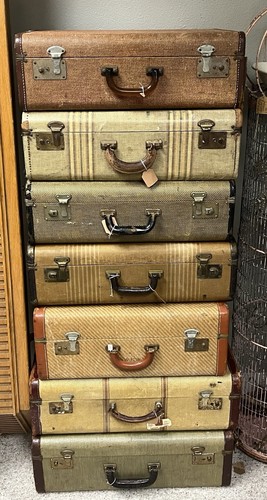 ONE Vintage Antique Tweed Striped & Leather Train Suitcase CHOOSE 1