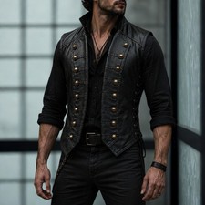 Black Leather Men's Vest Steampunk Biker Gothic Military Button Waistcoat