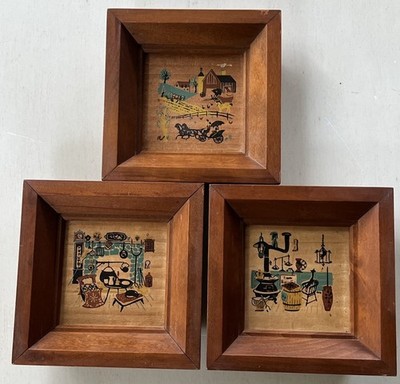 3 Vintage Folk Art 4  X 4  Pictures On Wood Retro Country Life Framed 7.75  Sq.