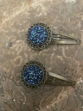 (2) Retro Midnight Blue Druzy Glitter Vintage Bronze Snap-in Large Hair Clips