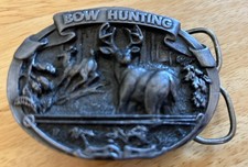 Made in the USA Bow Hunting Deer Belt Buckle C J Vintage 1986 Pewter