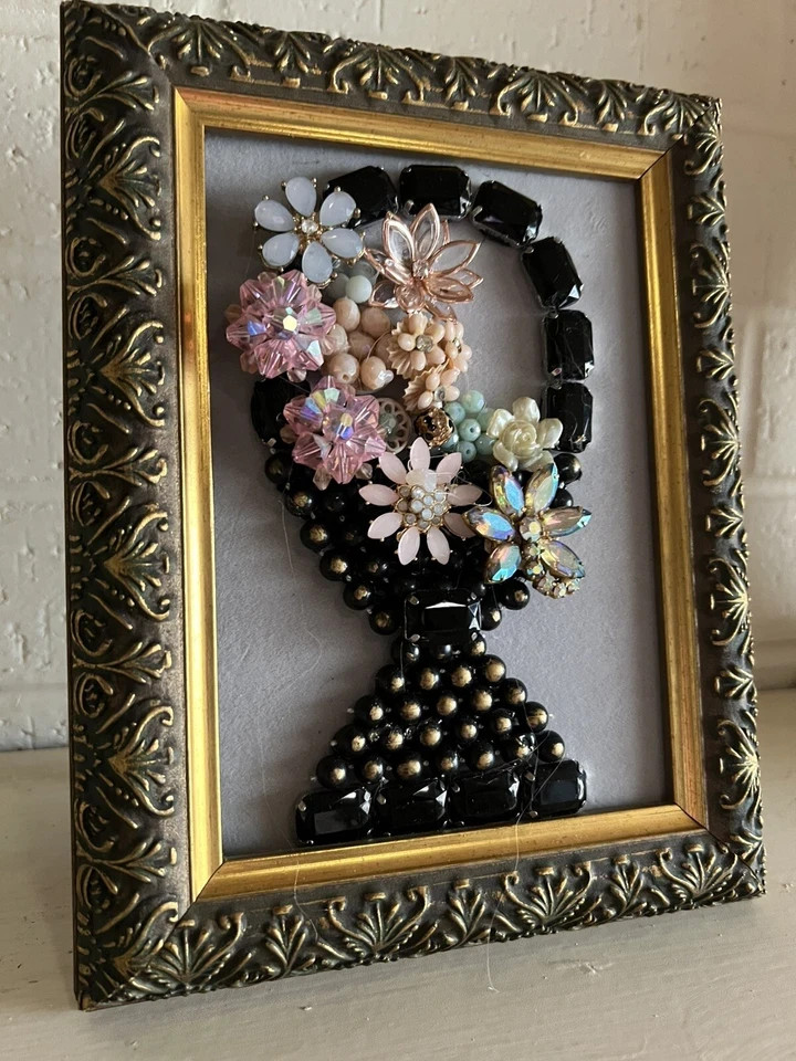 Vintage Contemporary jewelry art framed OOAK handmade shabby chic cottagecore
