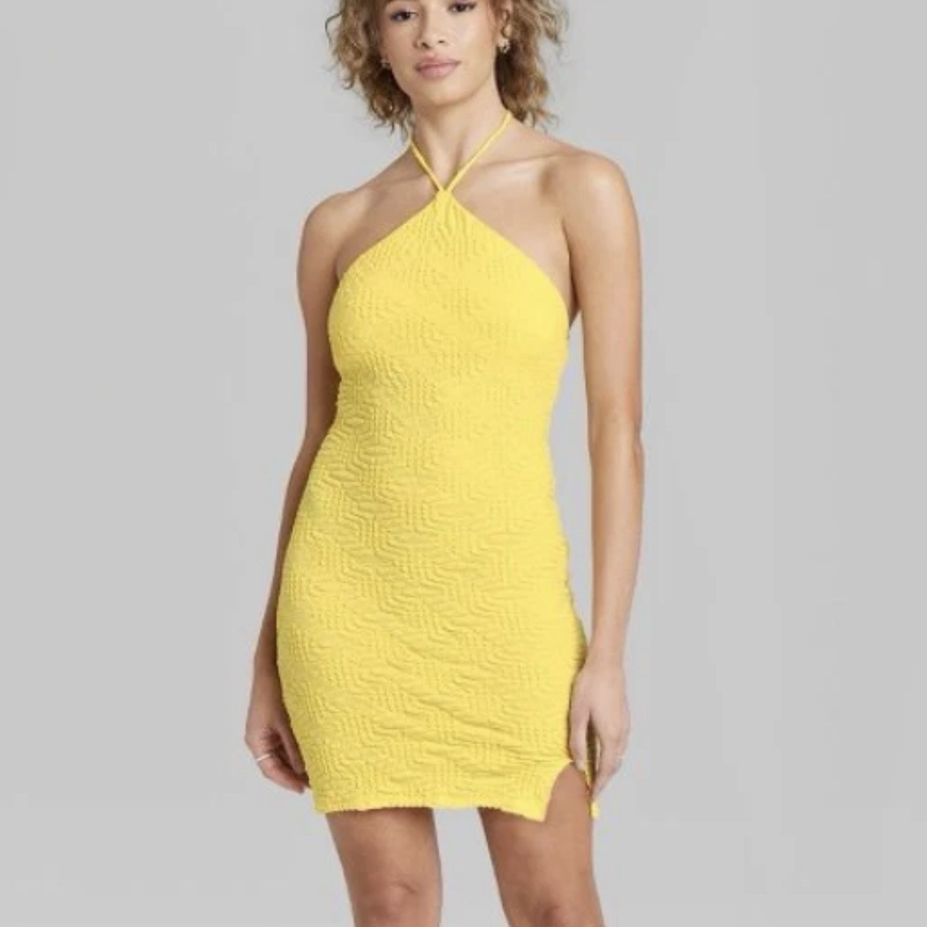 Wild Fable Yellow Halter Mini Dress Women’s Large Smocked Bodycon NEW