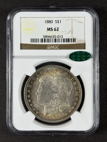 1880 Morgan Silver Dollar NGC MS62 CAC Rainbow Toner CAC Approved