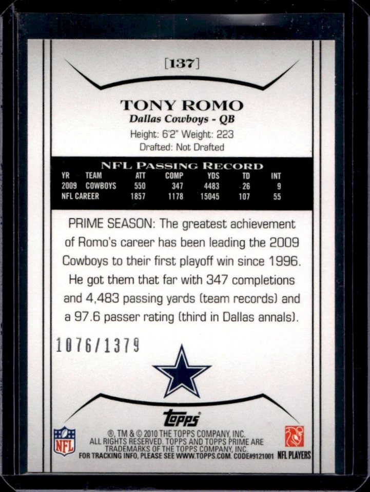 2010 Topps Prime Tony Romo Bronze #/1379 Cowboys - Image 2 of 2