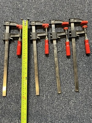 Lot of 4 F-Style Bar Clamps, Metal/Steel, Black with Red Handles