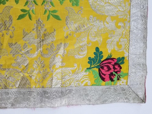 Antique French Silver Brocade Floral with Golden Lace Trim Panel 55x50cm - Picture 4 of 10