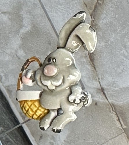 Vtg JJ Jonette Jewelry Painted Enamel Rabbit Pin Easter Bunny Egg Basket Retro - Picture 7 of 11