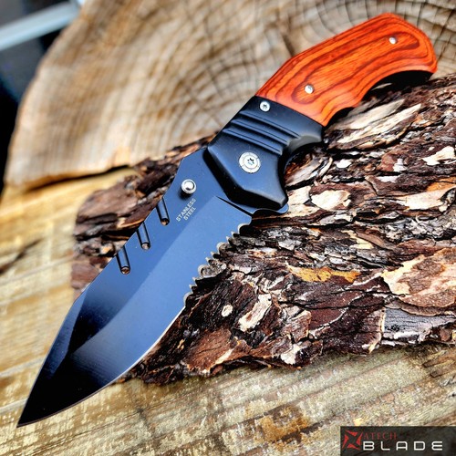 8.5" Black Outdoor Spring Assisted Open Folding Pocket Knife Hunting Wood Handle - Picture 3 of 6