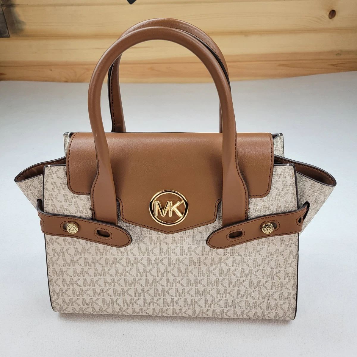 Michael Kors Carmen Med Flap Satchel Top Handle Vanilla Brown Bag Logo Designer