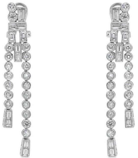 FILA 1.93CT DIAMOND 18KT WHITE G 3D ROUND & BAGUETTE 2 ROW BEZEL HANGING EARRINGS