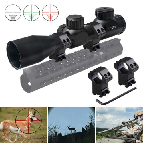 Tactical 4X32EG Rifle Scope Mil Dot Illuminated Red Green Optics Hunting w/Mount - Picture 1 of 7