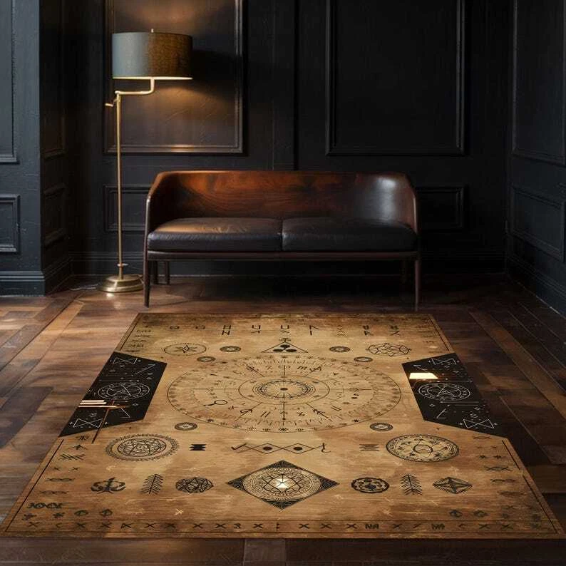 Ancient Spell Circle Rug - Esoteric Symbols, Occult Design, Alchemy Floor Mat - Image 2 of 4