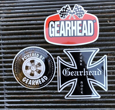 Gearhead Brand Set Of 3 Stickers Decal Hot Rods Garage Punk Rock Checkered Flags