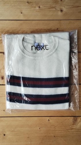 Next Mens Knit Jumper Cream Navy Blue Red Stripe Textured Knitwear Various Sizes - Picture 3 of 6