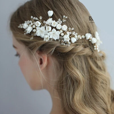 1/2Pcs Luxury White Ceramic Flowers Crystal Pearl Wedding Bride Hair Comb Pins