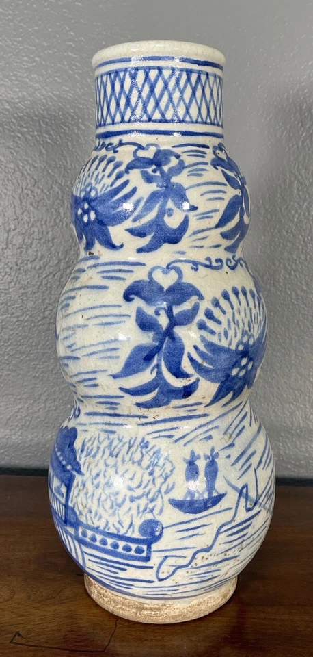 Jarrón antiguo calabaza safávida persa azul blanco estilo chino cerámica siglo XIX Foto 4 de 4