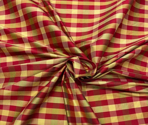 DESIGNER 100% SILK PLAID CHECK GOLD RED DRAPERY APPAREL CRAFT FABRIC BTY 54"W - Picture 6 of 6