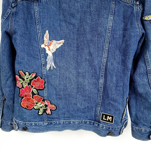 Little Moon Womens Denim Jacket XS Blue Bird Flowers Embroidered Oversized - Picture 6 of 12