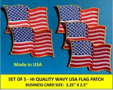 SET OF [5] USA AMERICAN FLAG WAVY EMBROIDERED PATCH IRON-ON SEW-ON GOLD BORDER 
