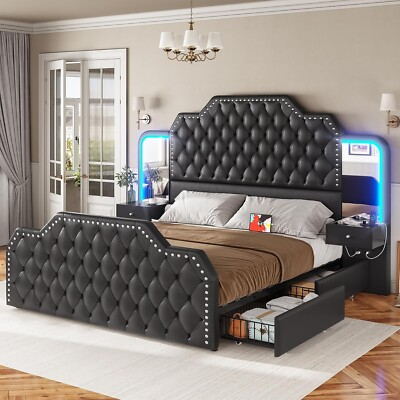 #ad Queen Bed Frame with 53quot; Tall Headboard 4 Drawers and 2 Nightstands with Mirror $389.98