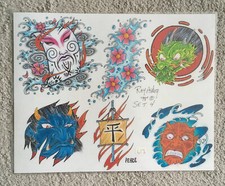 Tattoo Flash Single Sheet Print Japanese Theme, Dragons by Ray Askey 11  X 14  