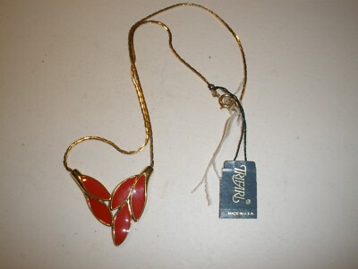 NEW Vintage Trifari Necklace Gold Tone & Red Leaves 17'' Chain Drop