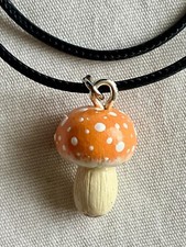 MUSHROOM CLAY PENDANT NECKLACE by : Rachel ~ Hand Made in USA ~ ORANGE -