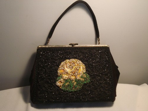 Vintage Black Floral Glued on Beaded Handbag - Picture 3 of 6