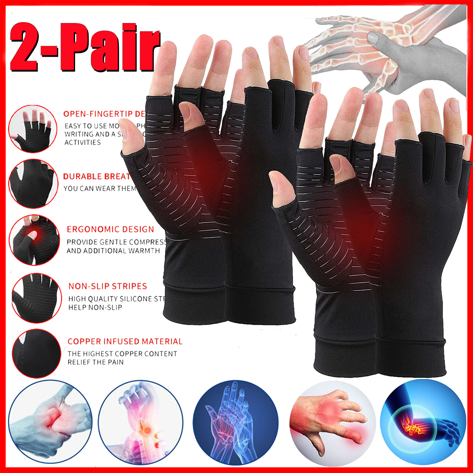 2 Pairs Copper Compression Arthritis Gloves Carpal Tunnel Joint