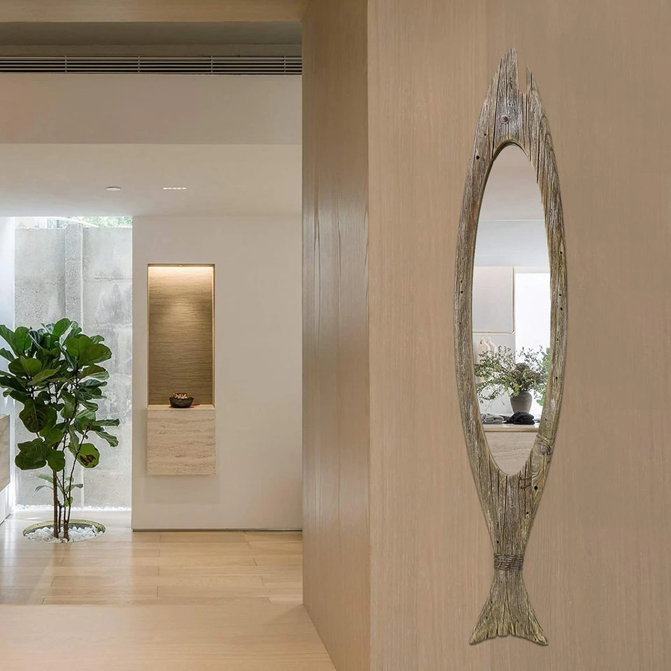 Wooden Fish Mirror Decor Hanging Wood Fish Mirror Decorations for Wall, Rustic N - Image 4 of 4