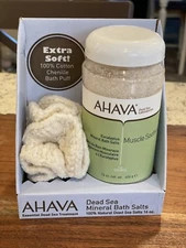 AHAVA Muscle Soothing Mineral Bath Salt Eucalyptus With Bath Puff NWT