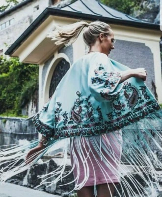 ZARA Floral Embroidered Ombre Fringe Oriental Kimono BNWT Green White Sz S-M - Image 1 of 4