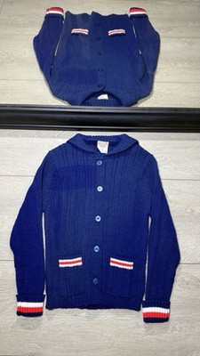 New Vintage 1980s French Toast Navy Striped Button Down Hooded Cardigan Sweater