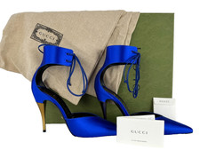 $1.3K Gucci Auth NIB Bag Shoes 7.5 US 37.5 EU Blue Silk Leather Lace Pumps Heels