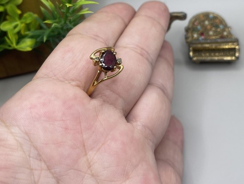 Anillo De Colección Firmado Gio Lind Granate Ovalado y Diamantes Cuerpo Genuinos 24KT HGE Talla 7 - Imagen 8 de 12