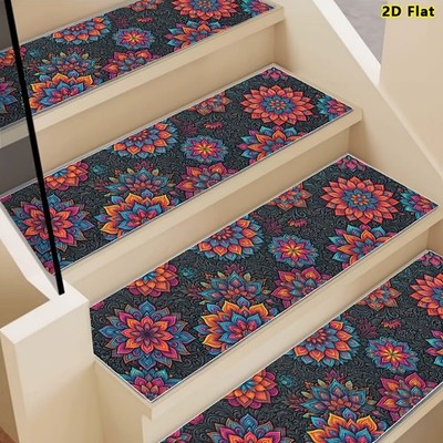 Vibrant Mandala Floral Pattern Stair Treads, Non-Slip Stair Carpet, Step Prote
