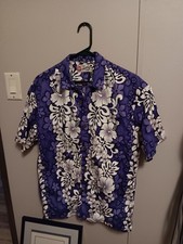 Vtg Hilo Hattie Bark Cloth Tiki Hawiian Button Up Shirt Purple Flower Sz Medium