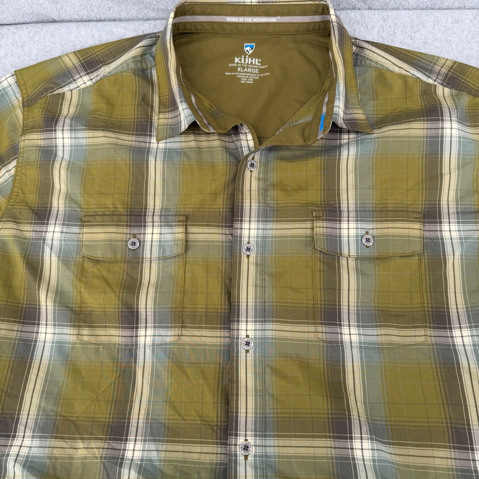 Kuhl Response Mens XL Olive Green Plaid Short Sleeve Button Down Shirt 7153