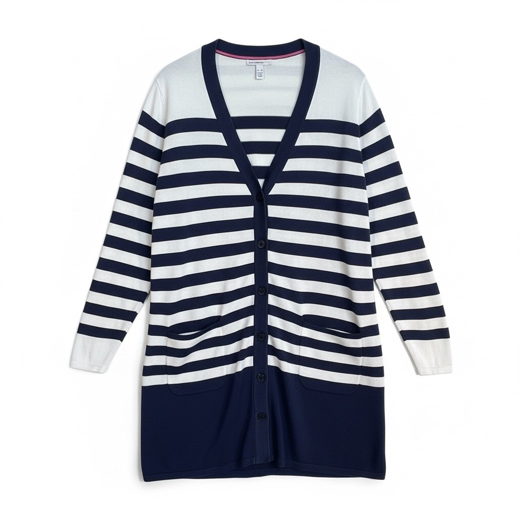 ISAAC MIZRAHI LIVE Navy White Striped Longline Cardigan Sweater Women's XL