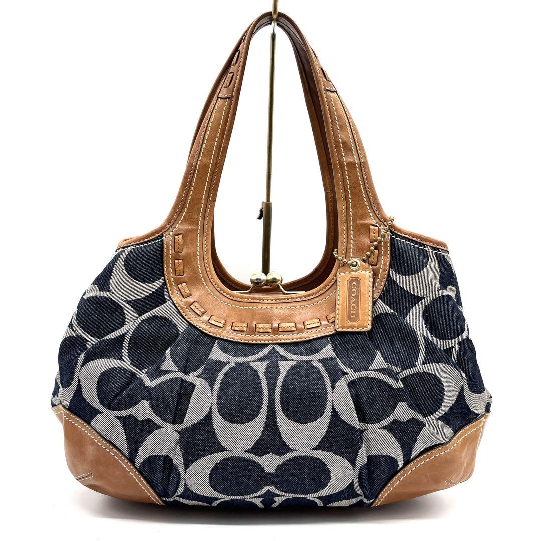 Coach Ergo Denim Signature Pleated Whiskey Leather Frame