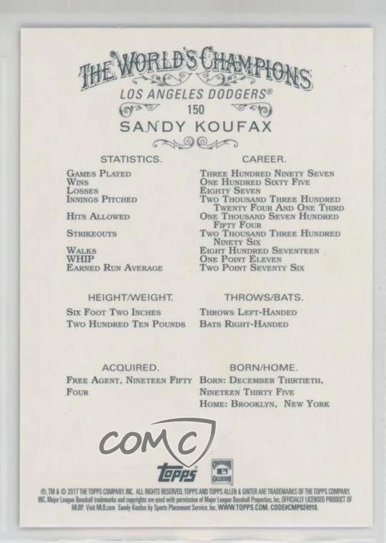 2017 Topps Allen & Ginter's X Sandy Koufax #150 HOF - Image 2 of 2