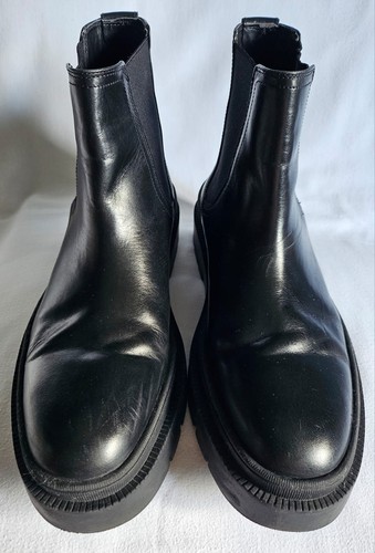 Zara Herren Schwarz Leder Glänzend Stiefeletten Chelsea Pull Up Stiefel - Größe 9/43
