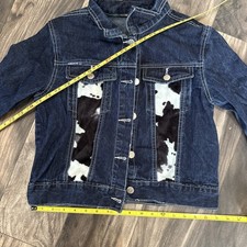 Y2K Denim Jacket Cowhide Panel Western Trucker Dark Wash No Tag Fits Small Read