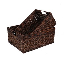 Rectangular Woven Water Hyacinth Basket,Dark Storage Basket With Inside Handl...