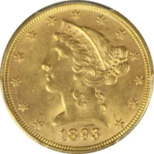 1893 MS63 Liberty Head Half Eagle ,PCGS 80635065