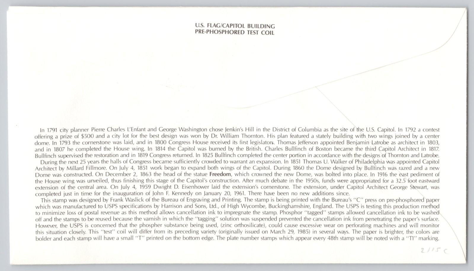 Washington, DC, U.S. Capitol & Flag, Pre-Phosphored Test Coil, 1987 22c
