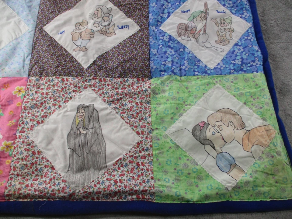 Handmade Quilt Throw Blanket Snow White Seven Dwarfs Patchwork Fleece Back Blue - Image 2 of 4